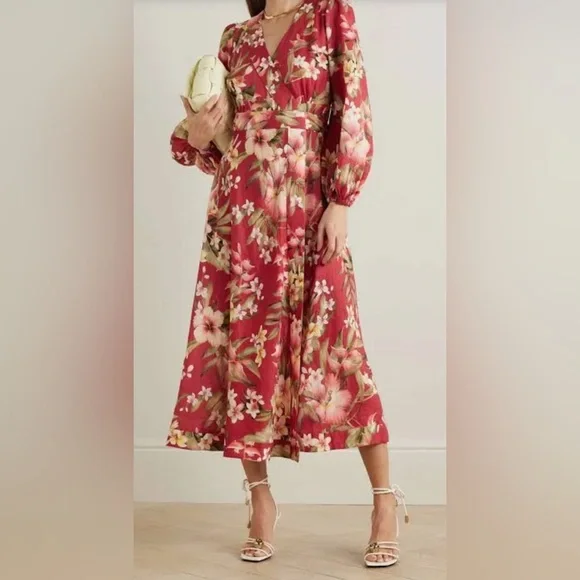 Zimmerman Floral-Print Linen Midi Wrap Dress - Picture 4 of 9